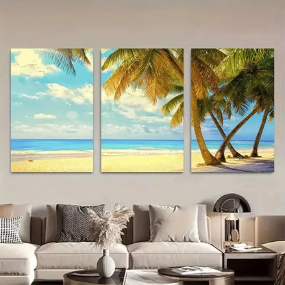 3pcs Coastal Triptych with Palm Trees & Ocean View Metal Print Ready to Hang Art - Bella Home Decor