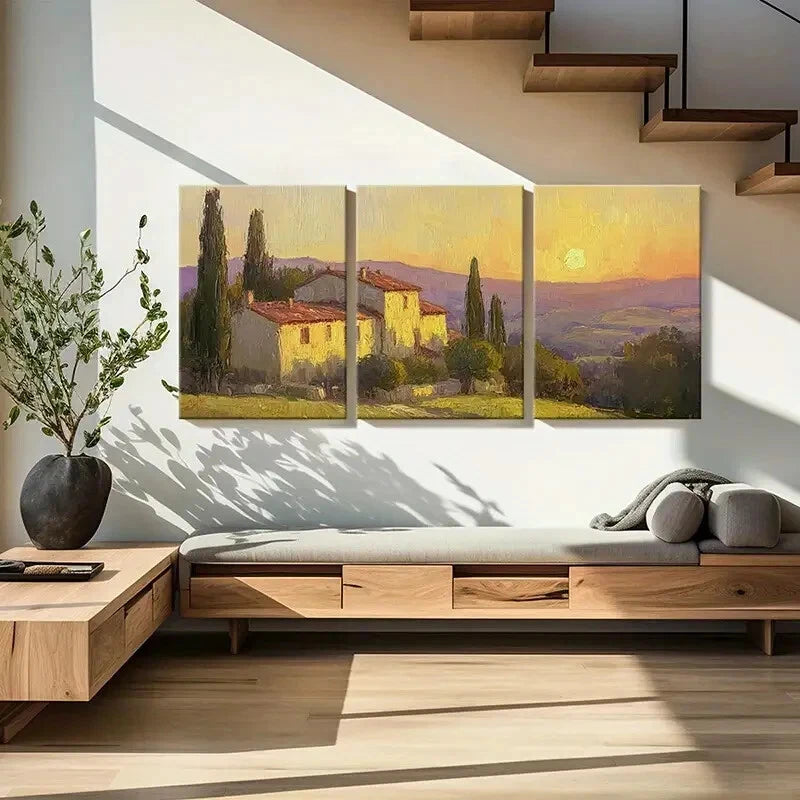 3pcs Tuscan Villa Sunset Landscape Warm Colors Metal Print Ready to Hang Art - Bella Home Decor