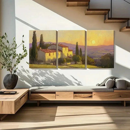 3pcs Tuscan Villa Sunset Landscape Warm Colors Metal Print Ready to Hang Art - Bella Home Decor
