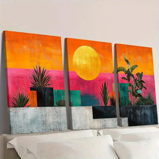 3pcs Vibrant Sunset & Desert Scene VV Wall Art Set Canvas Framed 40x60cm - High Quality Print 100% Australian Made Wall Canvas Ready to Hang