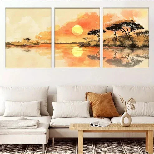3pcs Serene Nature African Sunset Landscape Wall Art Set Canvas Unframed - High Quality Print 100% Australian Made Wall Canvas