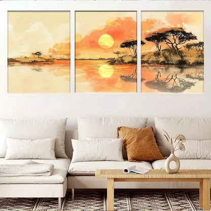 3pcs Serene Nature African Sunset Landscape Wall Art Set Canvas Unframed - High Quality Print 100% Australian Made Wall Canvas