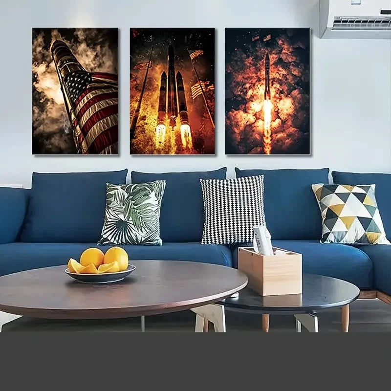 3pcs Vintage Soviet Rocket Launch Wall Art Set Canvas Framed 50x70cm - High Quality Print 100% Australian Made Wall Canvas Ready to Hang