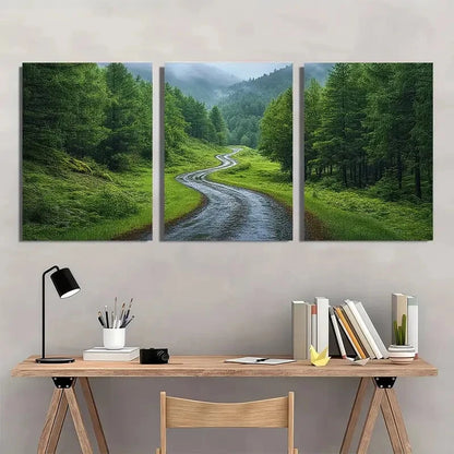 3pcs Vibrant Green Trees & Winding Pathway Metal Print Ready to Hang Art - Bella Home Decor