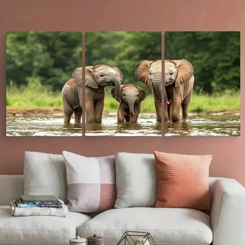 3pcs Baby Elephants Family Bonding Metal Print Ready to Hang Art - Bella Home Decor