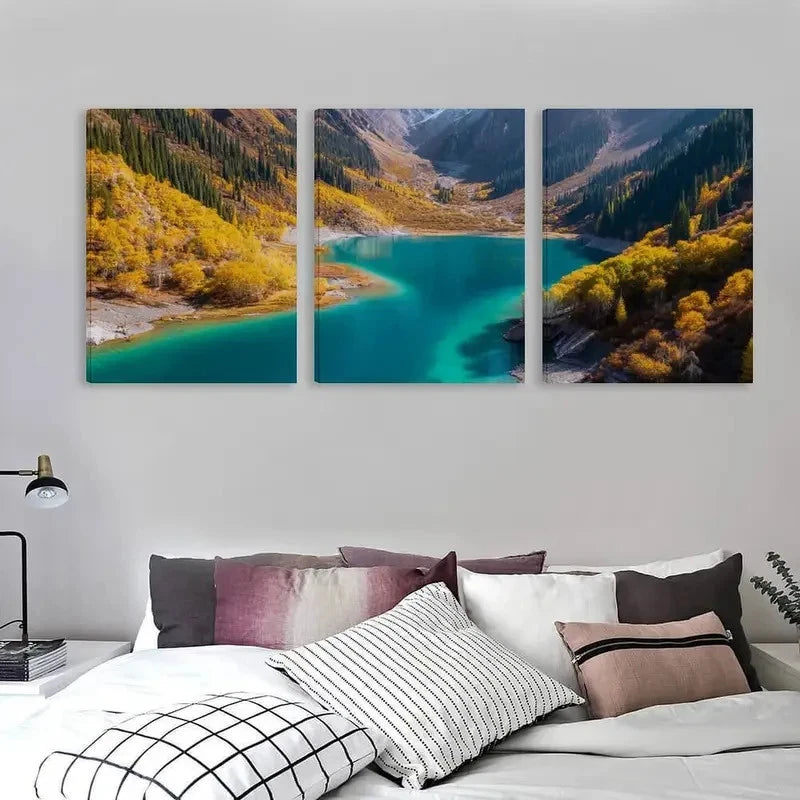 3pcs Australian Emerald Green Lake Mountains  Wall Art Set Canvas Framed 50x70cm - High Quality Print 100% Australian Made Wall Canvas Ready to Hang - Bella Home Decor