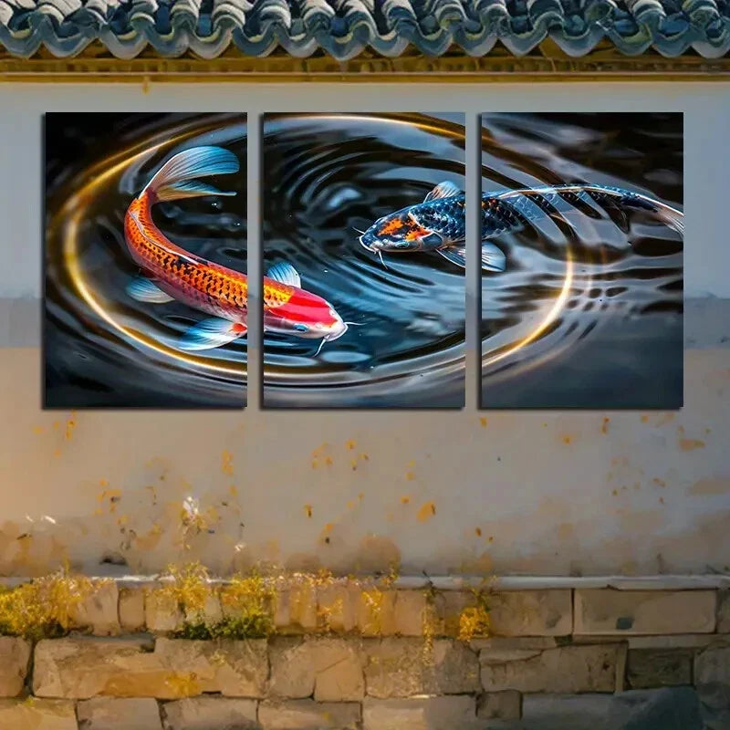 3pcs Two Koi Fish with Magical Circle Design Metal Print Ready to Hang Art - Bella Home Decor