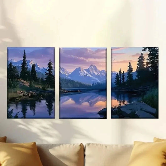 3pcs painting of a mountain lake Wall Art Set Canvas Framed 60x90cm - High Quality Print 100% Australian Made Wall Canvas Ready to Hang