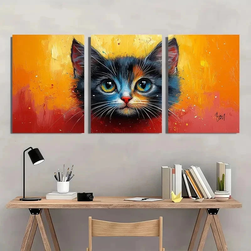3pcs Gorgeous Abstract Blue and Orange Kitten Metal Print Ready to Hang Art - Bella Home Decor