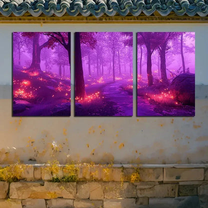 3pcs Fluorescent Forest Purple Illustration Metal Print Ready to Hang Art - Bella Home Decor