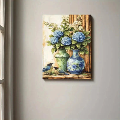 Decorative painting of vases with blue flowers and birds on a wooden ledge.