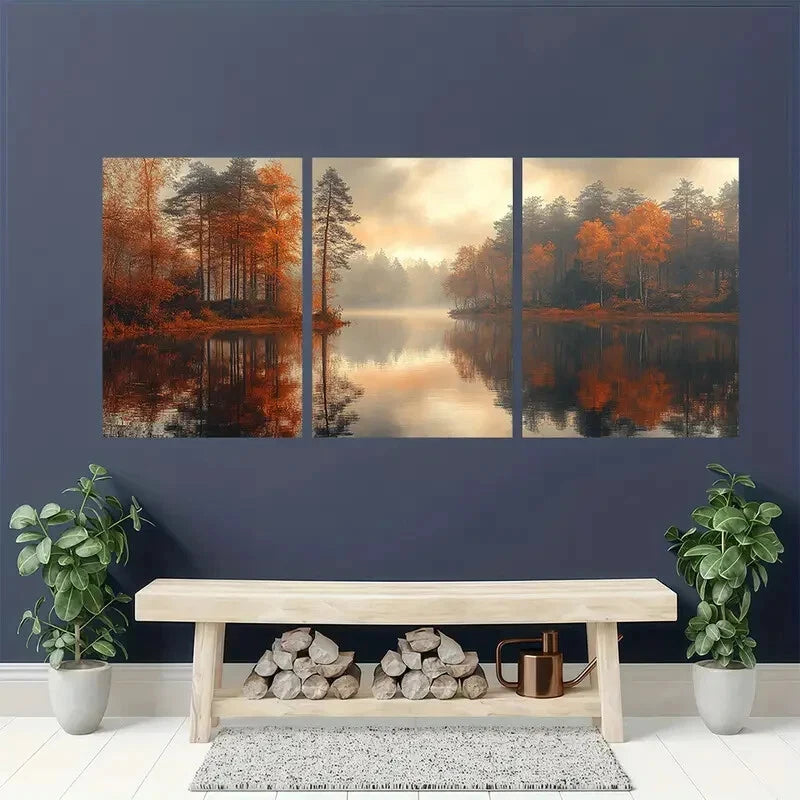 3pcs Autumn Woodland Landscape Nature Art Metal Print Ready to Hang Art - Bella Home Decor