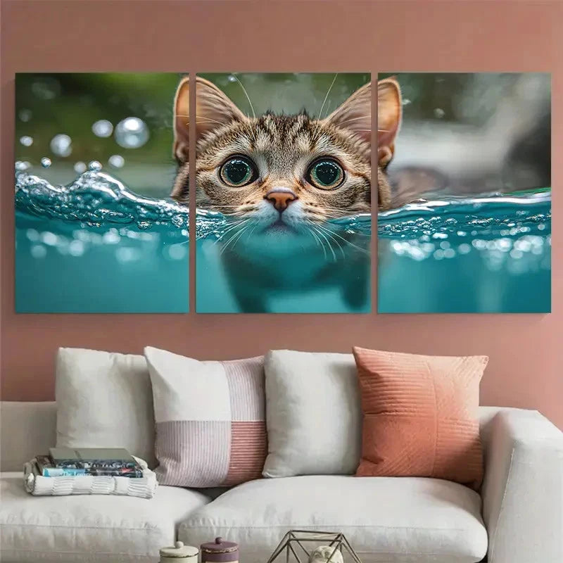 3pcs Funny Cat Swimming in Pool Illustration Wall Art Set Canvas Framed 40x60cm - High Quality Print 100% Australian Made Wall Canvas Ready to Hang - Bella Home Decor