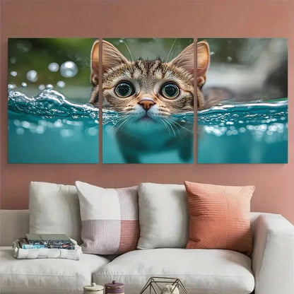 3pcs Funny Cat Swimming in Pool Illustration Wall Art Set Canvas Framed 40x60cm - High Quality Print 100% Australian Made Wall Canvas Ready to Hang - Bella Home Decor