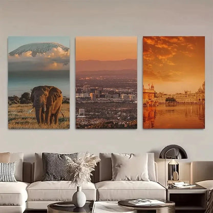 3pcs Majestic Elephant, Serene Cityscape Metal Print Ready to Hang Art
