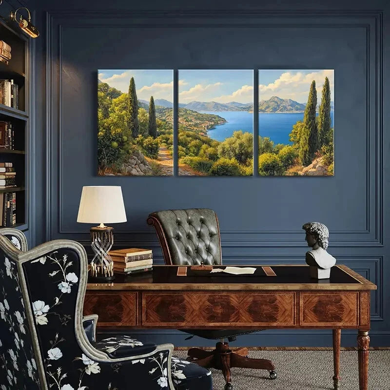3pcs Mediterranean Coastal Landscape Mountains Metal Print Ready to Hang Art - Bella Home Decor