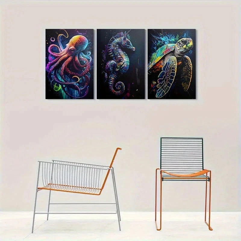 3pcs Colorful Sea Life Octopus Seahorse Turtle Metal Print Ready to Hang Art - Bella Home Decor