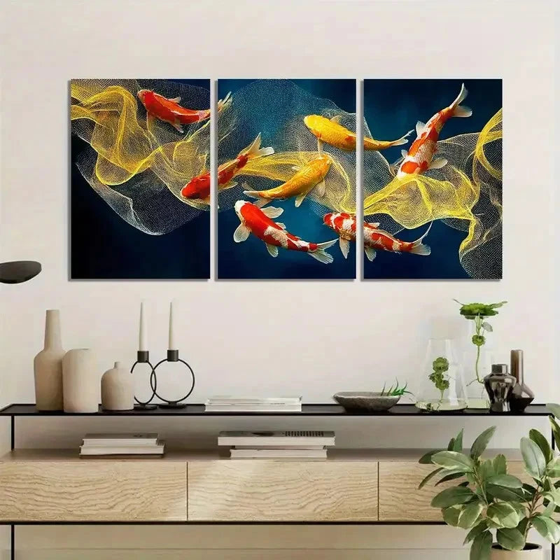 3pcs Golden and Red Koi Fish in Dark Water Metal Print Ready to Hang Art - Bella Home Decor