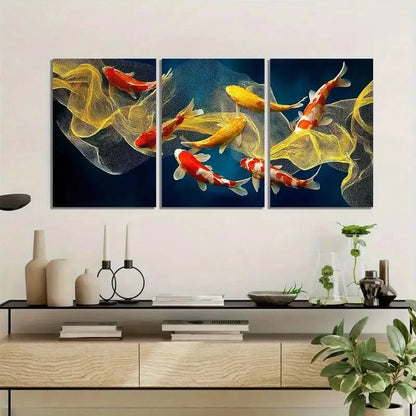 3pcs Golden and Red Koi Fish in Dark Water Metal Print Ready to Hang Art - Bella Home Decor