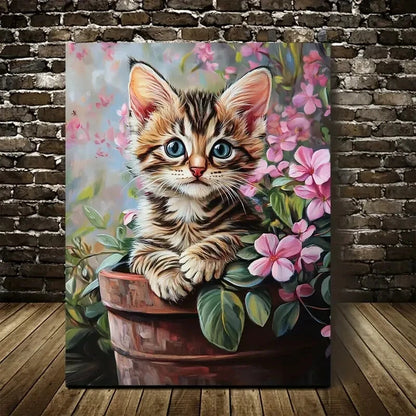 Cute Bengal Kitten & Pink Flowers in Planter 40x60cm Metal Print Ready to Hang - Bella Home Decor