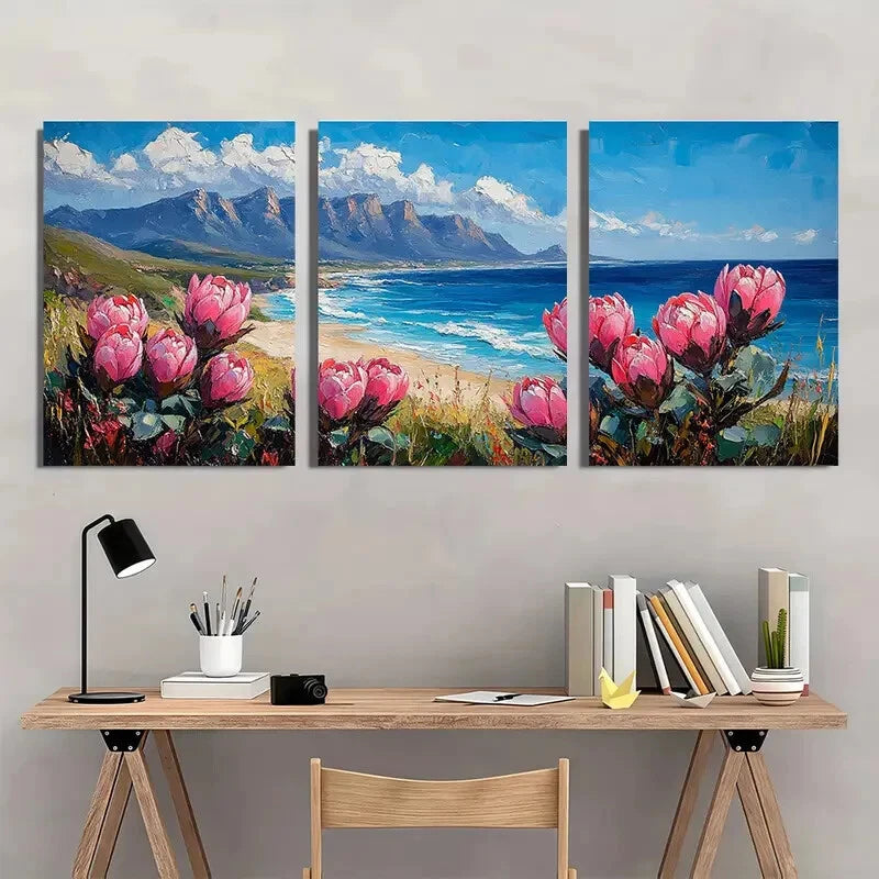 3pcs Vibrant Protea Flowers & Beach Scene Metal Print Ready to Hang Art - Bella Home Decor