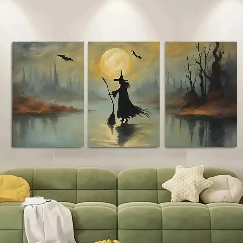 3pcs Spooky Witch with Broomstick Full Moon Metal Print Ready to Hang Art