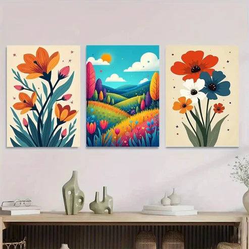 3pcs Colorful Floral Landscape Vibrant Modern Wall Art Set Canvas Unframed - High Quality Print 100% Australian Made Wall Canvas - Bella Home Decor
