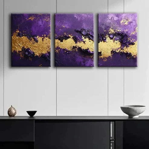 3pcs Purple and Golden Abstract Design Perfect Wall Art Set Canvas Unframed - High Quality Print 100% Australian Made Wall Canvas