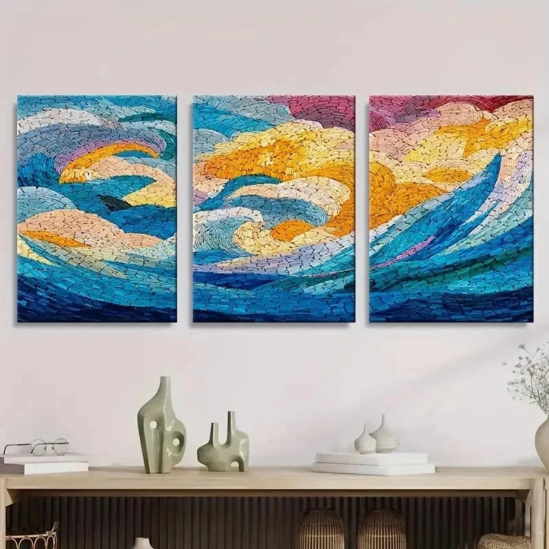3pcs Colorful Mosaic Waves Abstract Wall Art Set Canvas Framed 40x60cm - High Quality Print 100% Australian Made Wall Canvas Ready to Hang - Bella Home Decor