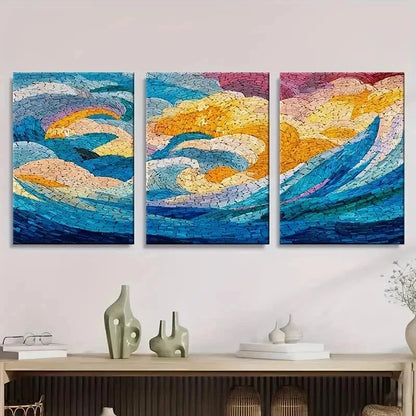 3pcs Colorful Mosaic Waves Abstract Wall Art Set Canvas Framed 40x60cm - High Quality Print 100% Australian Made Wall Canvas Ready to Hang - Bella Home Decor