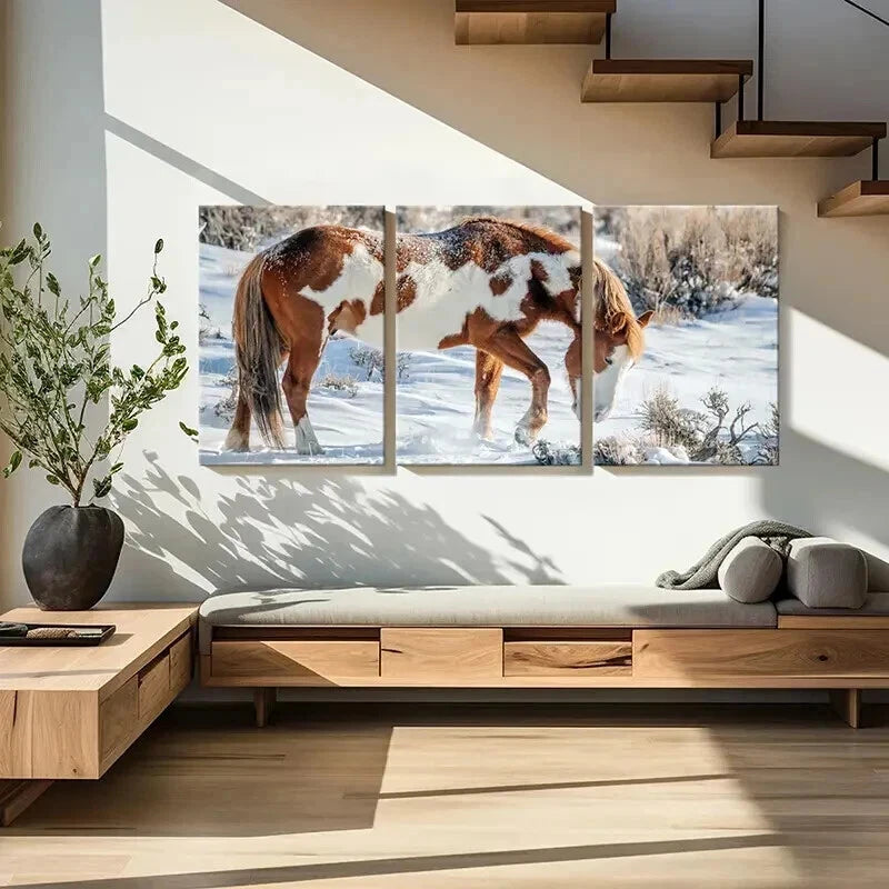 3pcs Snowy Landscape with Brown and White Horse Wall Art Set Canvas Framed 40x60cm - High Quality Print 100% Australian Made Wall Canvas Ready to Hang - Bella Home Decor
