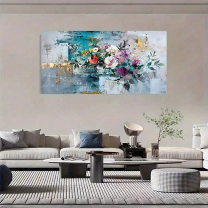 Floral Metallic Abstract Mural Wall Art Canvas Office Home Room Framed 120x60cm