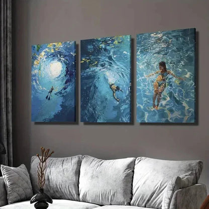 3pcs Swimming in Sea Nature Landscape Art Set Canvas Unframed - High Quality Print 100% Australian Made Wall Canvas