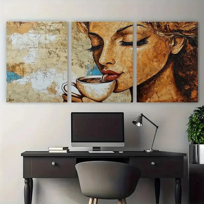 3pcs Abstract Lady Drinking Coffee Portrait Wall Art Set Canvas Framed 50x70cm - High Quality Print 100% Australian Made Wall Canvas Ready to Hang - Bella Home Decor