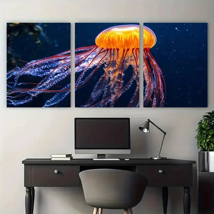 3pcs Vibrant Jellyfish Fiery in Deep Blue Sea Metal Print Ready to Hang Art - Bella Home Decor