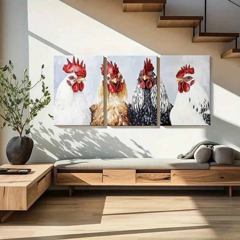 3pcs Roosters Vibrant Colors Detailed Feathers Metal Print Ready to Hang Art - Bella Home Decor