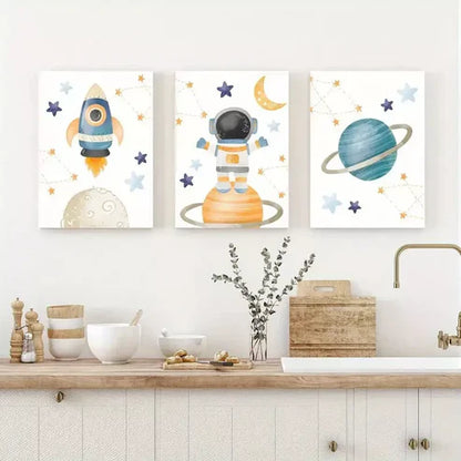 3pcs Cartoon Astronaut and Planets Canvas Framed 60x90cm - High Quality Print 100% Australian Made Wall Canvas Ready to Hang