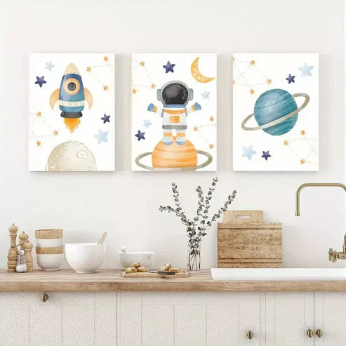 3pcs Cartoon Astronaut and Planets Canvas Framed 60x90cm - High Quality Print 100% Australian Made Wall Canvas Ready to Hang