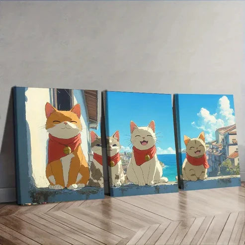 3pcs Happy Cat Orange Hanging Paintings Home Wall Art Set Canvas Unframed - High Quality Print 100% Australian Made Wall Canvas