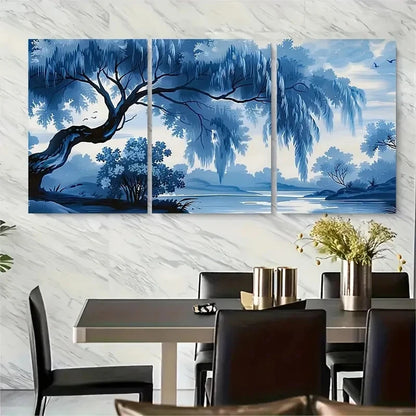 3pcs Monochrome Blue River Landscape with Ducks Metal Print Ready to Hang Art