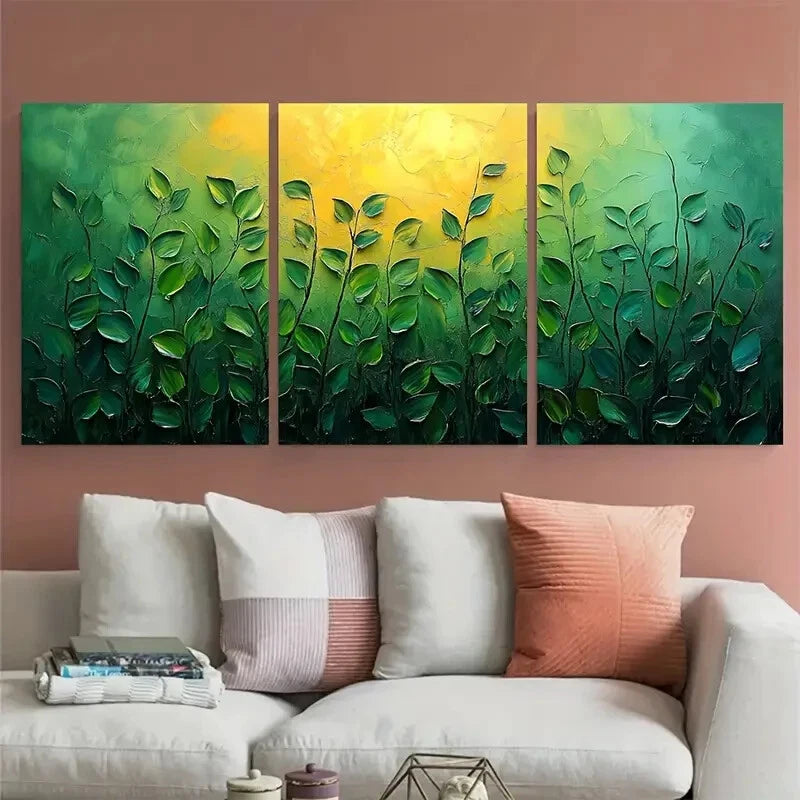 3pcs Green Abstract Plants Textured Illustration Metal Print Ready to Hang Art - Bella Home Decor