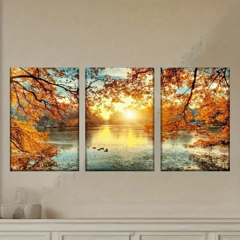 3pcs Autumn Sunset Lake Scene with Ducks Wall Art Set Canvas Framed 50x70cm - High Quality Print 100% Australian Made Wall Canvas Ready to Hang - Bella Home Decor