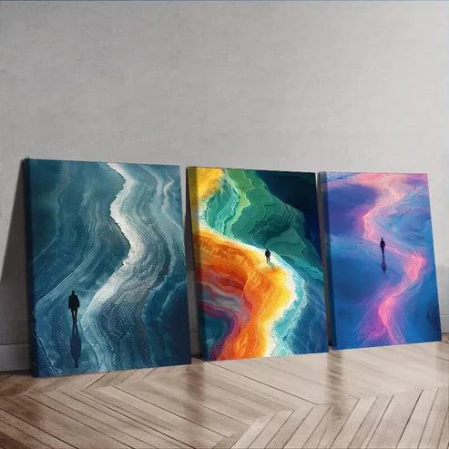 3 PCS One Man Walking Along Chaka Salt Lake Wall Art Set Canvas Unframed - High Quality Print 100% Australian Made Wall Canvas
