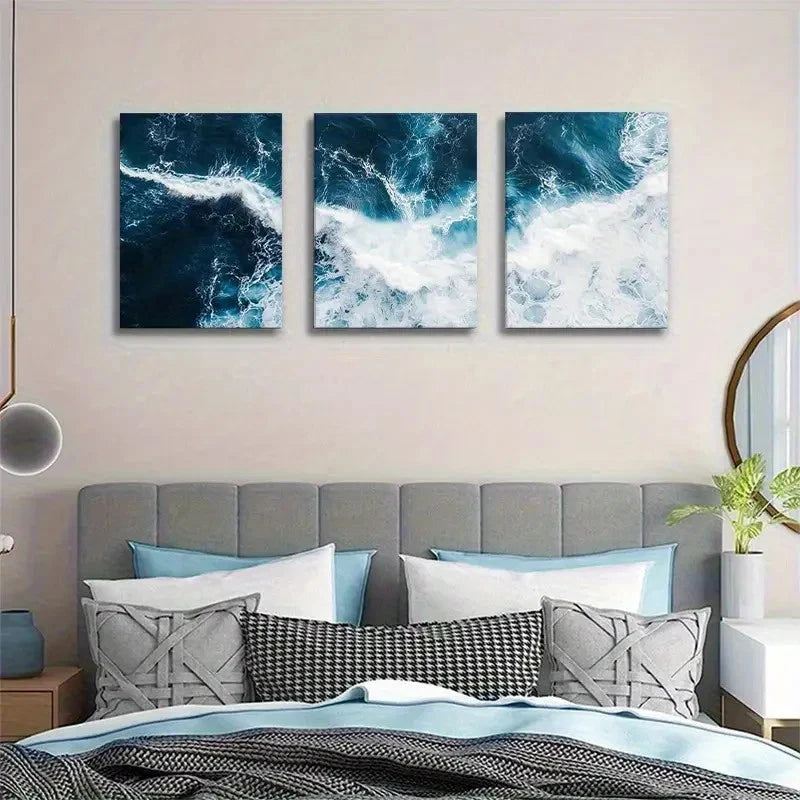 3pcs Abstract Blue and White Ocean Pattern Metal Print Ready to Hang Art - Bella Home Decor