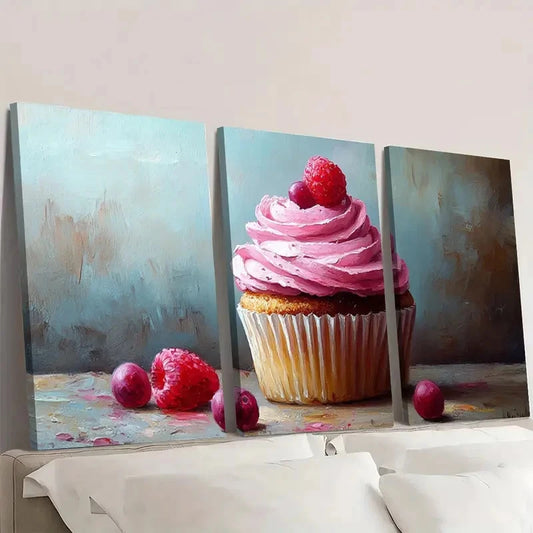 3pcs Cupcake Painting Cake FL Wall Art Set Canvas FrMamed 40x60cm - High Quality Print 100% Australian Made Wall Canvas Ready to Hang