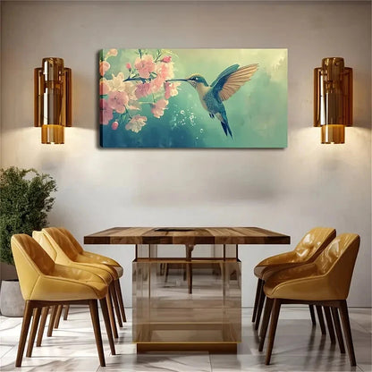Hummingbird & Pink Flowers Wall Art Canvas Office Home Room Framed 120x60cm