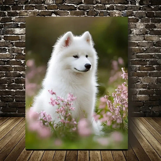 Flowers And Plants Cute Samoyed Dog Painting 40x60cm Metal Print Ready to Hang - Bella Home Decor