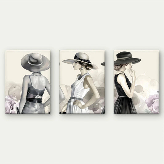 3pcs Elegant Fashion Illustration Women in Hats Wall Art Set Canvas Framed 60x90cm - High Quality Print 100% Australian Made Wall Canvas Ready to Hang