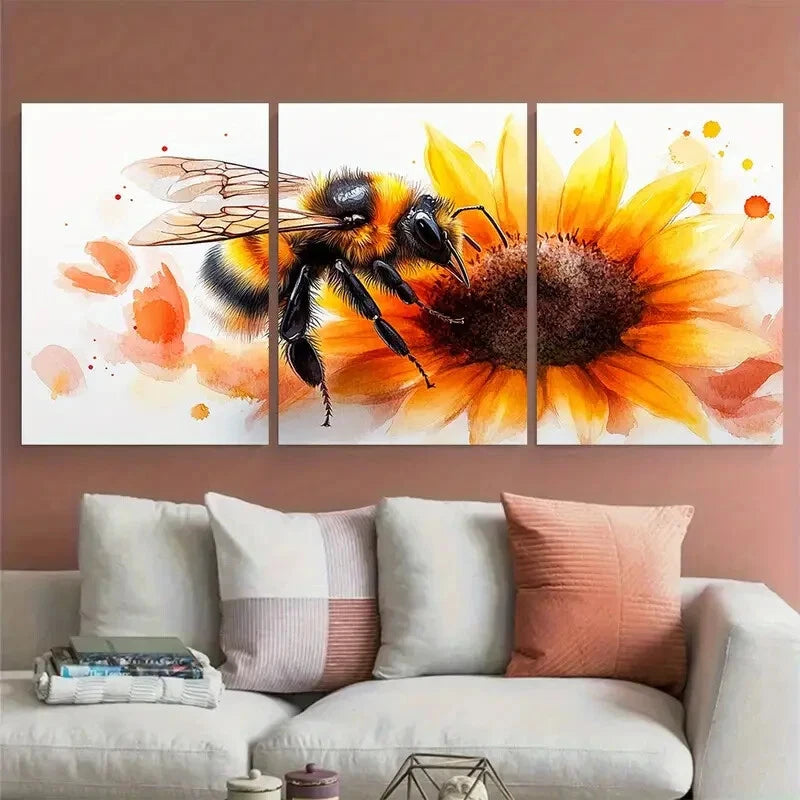 3pcs Vibrant Watercolor Bumblebee on Sunflower Metal Print Ready to Hang Art - Bella Home Decor