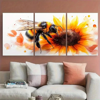 3pcs Vibrant Watercolor Bumblebee on Sunflower Metal Print Ready to Hang Art - Bella Home Decor